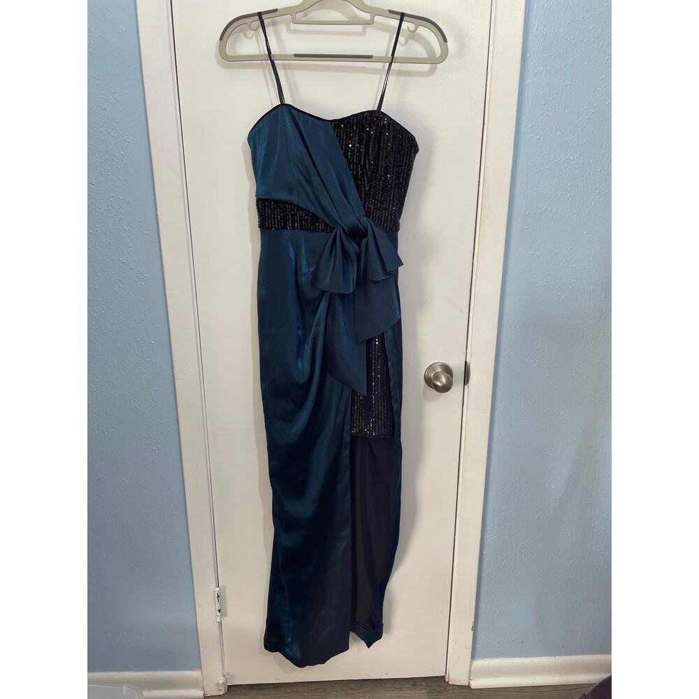 Aidan Mattox Cocktail Dress Size 4 Teal Satin Black Sequin Sash Prom Holidays